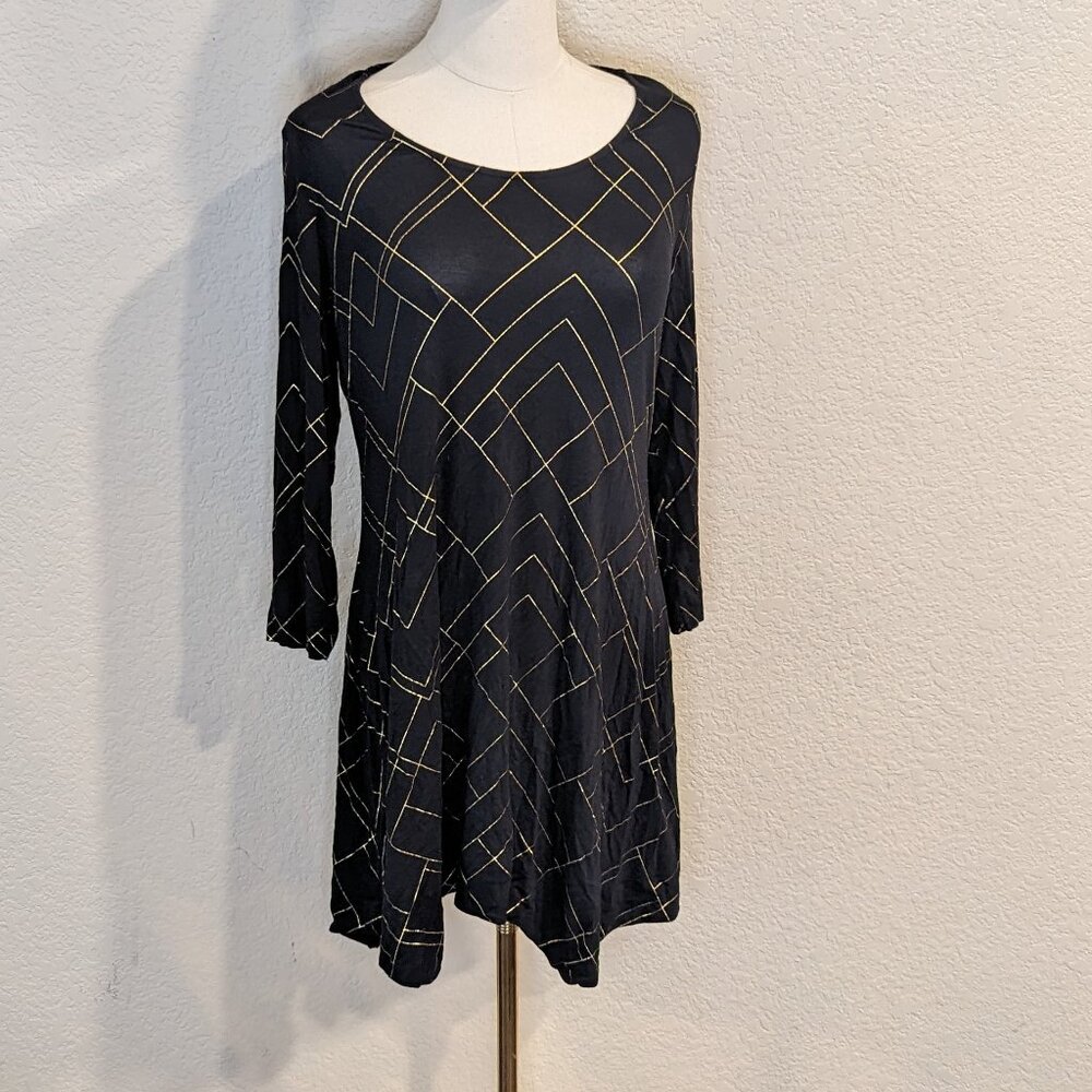 Soma Swing Dress Black Mini Metallic Gold 3/4" | Sz L